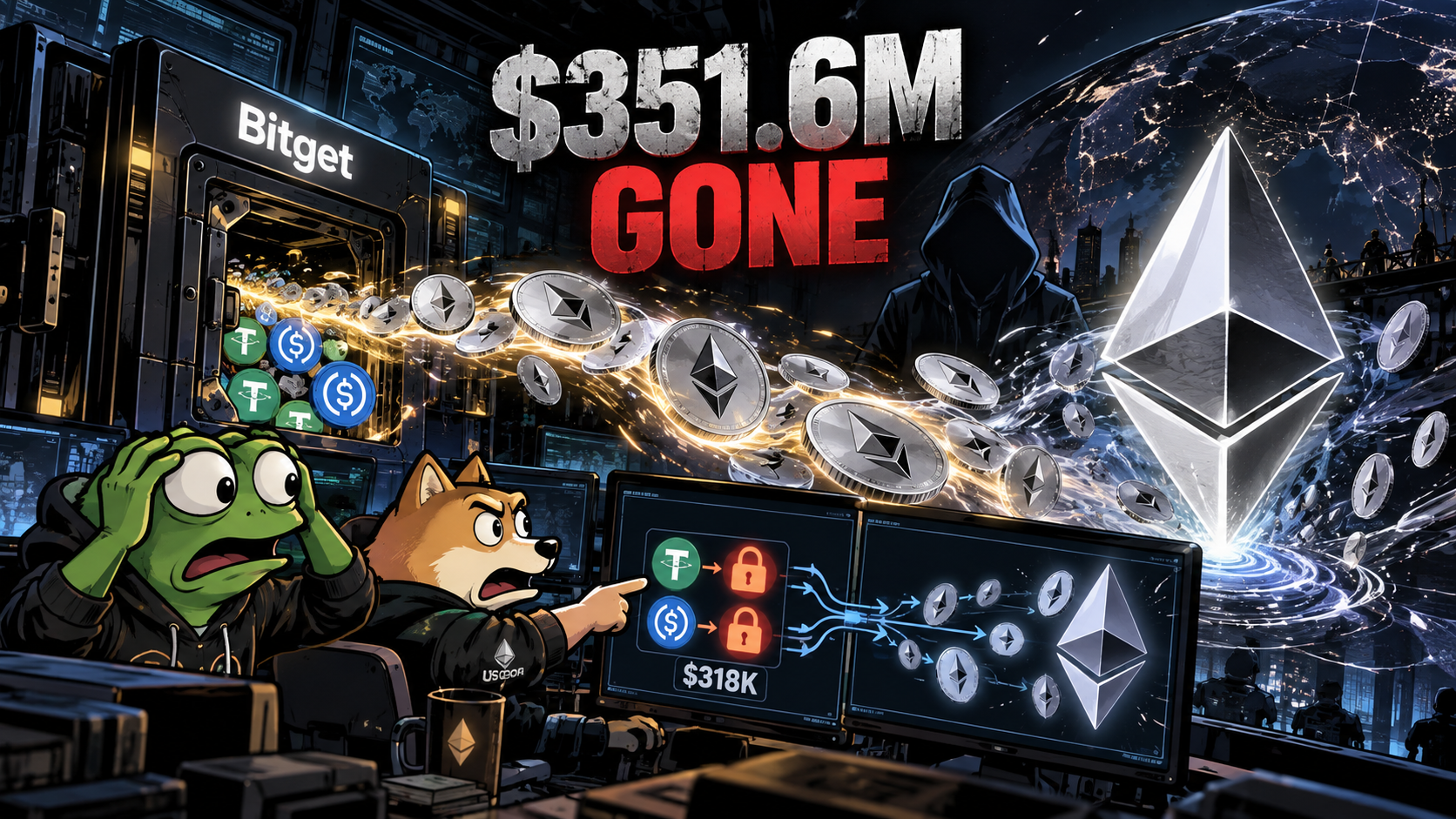 Bitget hot-wallet breach sends $351.6M into Ethereum as Froggy and Doggy track the stolen funds, while $318K in USDC and USDT is frozen.