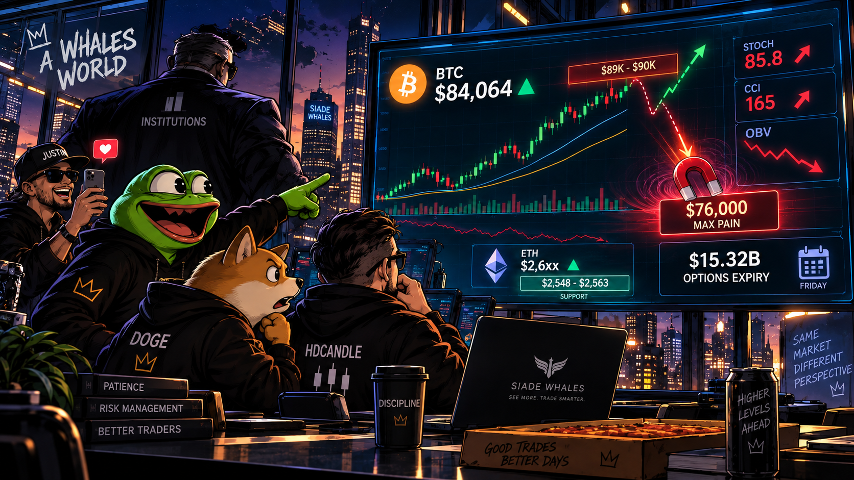 Escena de trading de Whales World: Bitcoin en 84.064 $, resistencia en 89.000–90.000 $, max pain de las opciones en 76.000 $ y soporte de Ethereum en 2.548–2.563 $, con indicadores técnicos.