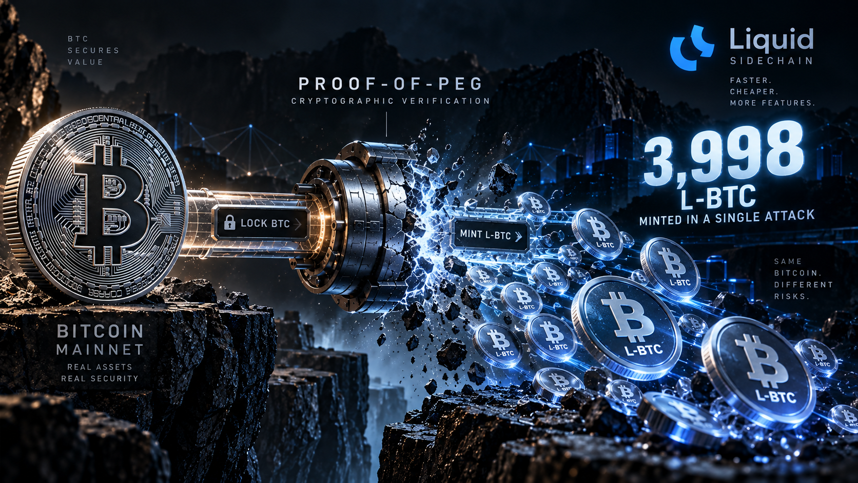Bitcoin mainnet connected to a Liquid sidechain through a broken proof-of-peg mechanism, illustrating the minting of 3,998 L-BTC in a crypto exploit.