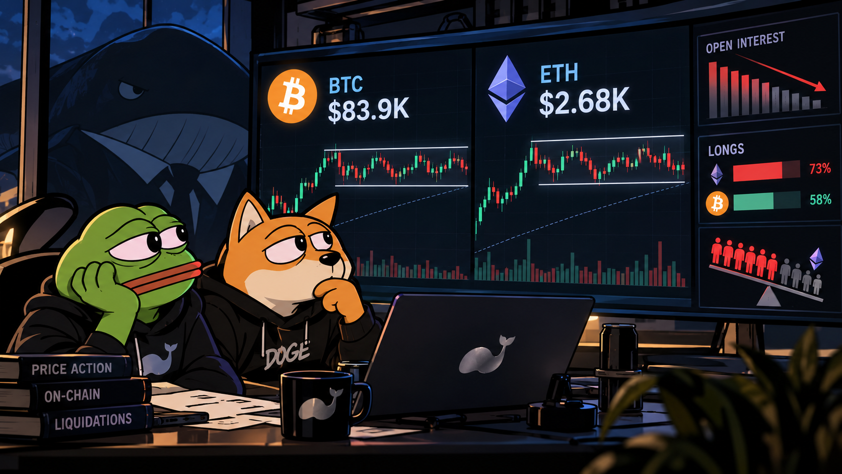 Froggy and Doggy watch Bitcoin and Ethereum consolidate on large trading screens, while a shadowy whale looms behind them. The charts show weakening open interest and a heavily long ETH market.