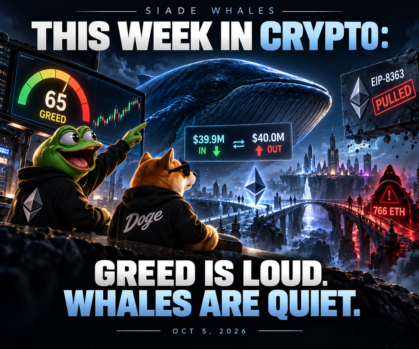 Cinematic 3D crypto editorial cover: a giant whale, green frog and Doge character overlooking an Ethereum city, with market charts, a Fear & Greed gauge, and a fake bridge warning. Dark premium blue-a