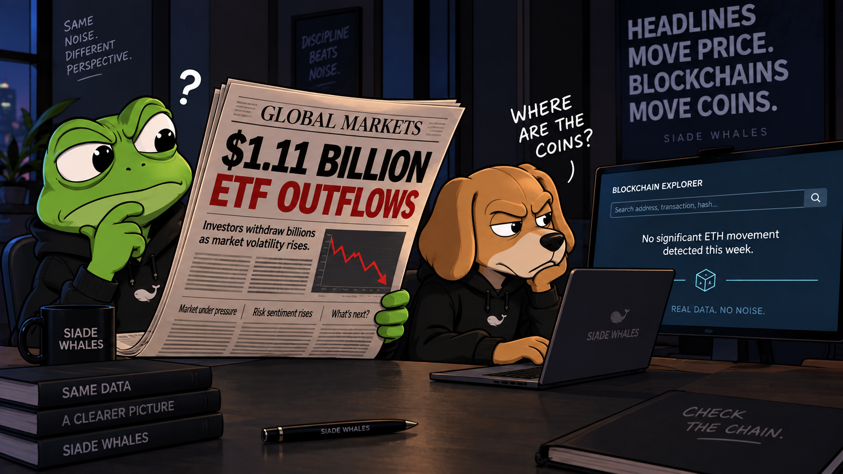 Froggy y Doggy analizando las salidas de los ETF y comprobando los movimientos reales en blockchain.